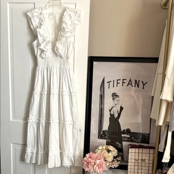 RARE! • ANTHROPOLOGIE • LOVE THE LABEL ‘Azalea’ White Ruffle Tiered Midi Dress - Picture 7 of 16